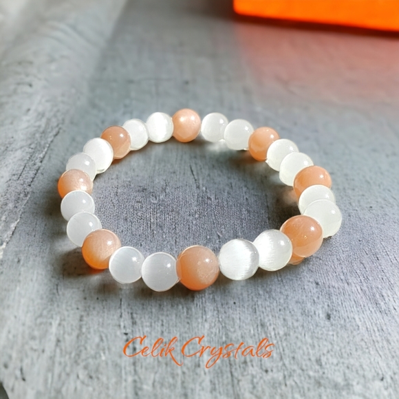 Sunstone & White Cat Eye Bracelet 8mm Natural Stones Unisex Healing Bracelet - Picture 5 of 5